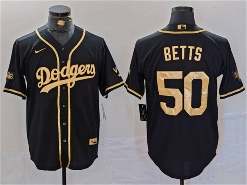 Men's Black Gold Los Angeles Dodgers #50 Mookie Betts World Series Champions Cool Base Stitched Baseball Jersey
